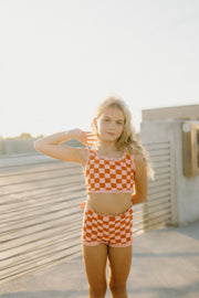 Stevie Ruffle Top- Orange Check